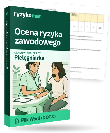 Pudełko dokumentu „Ocena ryzyka zawodowego” ze znakiem Ryzykomat i napisem „Plik Word (DOCX)” na froncie, ilustracja stanowiska „Pielęgniarka”; zza pudełka wystaje strona prawdziwego dokumentu z rozmytą treścią