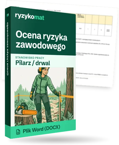 Pudełko dokumentu „Ocena ryzyka zawodowego” ze znakiem Ryzykomat i napisem „Plik Word (DOCX)” na froncie, ilustracja stanowiska „Pilarz / drwal”; zza pudełka wystaje strona prawdziwego dokumentu z rozmytą treścią