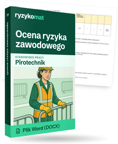 Pudełko dokumentu „Ocena ryzyka zawodowego” ze znakiem Ryzykomat i napisem „Plik Word (DOCX)” na froncie, ilustracja stanowiska „Pirotechnik”; zza pudełka wystaje strona prawdziwego dokumentu z rozmytą treścią