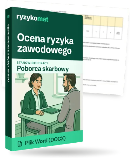 Pudełko dokumentu „Ocena ryzyka zawodowego” ze znakiem Ryzykomat i napisem „Plik Word (DOCX)” na froncie, ilustracja stanowiska „Poborca skarbowy”; zza pudełka wystaje strona prawdziwego dokumentu z rozmytą treścią