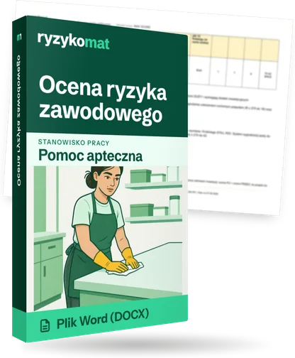 Pudełko dokumentu „Ocena ryzyka zawodowego” ze znakiem Ryzykomat i napisem „Plik Word (DOCX)” na froncie, ilustracja stanowiska „Pomoc apteczna”; zza pudełka wystaje strona prawdziwego dokumentu z rozmytą treścią