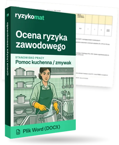 Pudełko dokumentu „Ocena ryzyka zawodowego” ze znakiem Ryzykomat i napisem „Plik Word (DOCX)” na froncie, ilustracja stanowiska „Pomoc kuchenna / zmywak”; zza pudełka wystaje strona prawdziwego dokumentu z rozmytą treścią