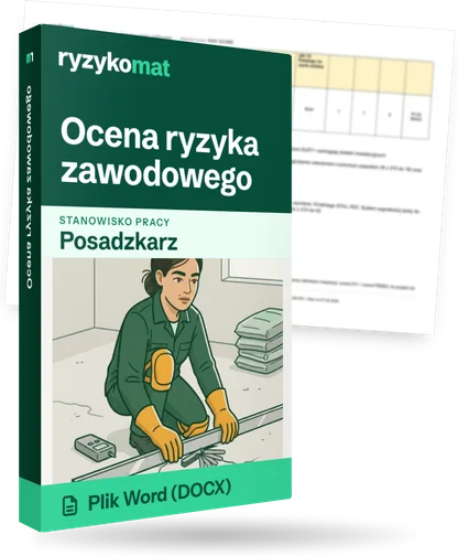 Pudełko dokumentu „Ocena ryzyka zawodowego” ze znakiem Ryzykomat i napisem „Plik Word (DOCX)” na froncie, ilustracja stanowiska „Posadzkarz”; zza pudełka wystaje strona prawdziwego dokumentu z rozmytą treścią