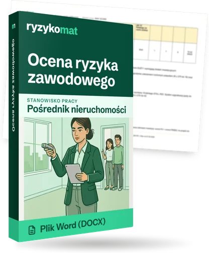Pudełko dokumentu „Ocena ryzyka zawodowego” ze znakiem Ryzykomat i napisem „Plik Word (DOCX)” na froncie, ilustracja stanowiska „Pośrednik nieruchomości”; zza pudełka wystaje strona prawdziwego dokumentu z rozmytą treścią