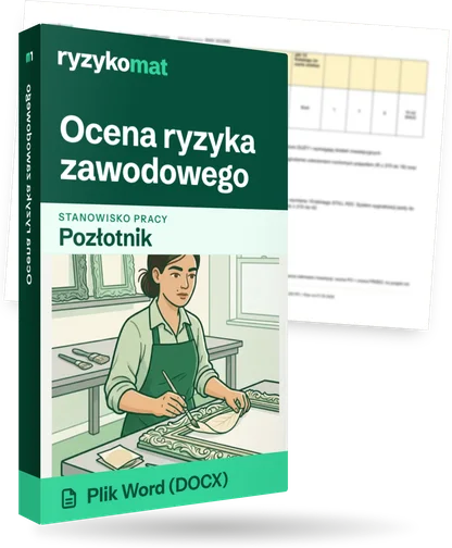Pudełko dokumentu „Ocena ryzyka zawodowego” ze znakiem Ryzykomat i napisem „Plik Word (DOCX)” na froncie, ilustracja stanowiska „Pozłotnik”; zza pudełka wystaje strona prawdziwego dokumentu z rozmytą treścią