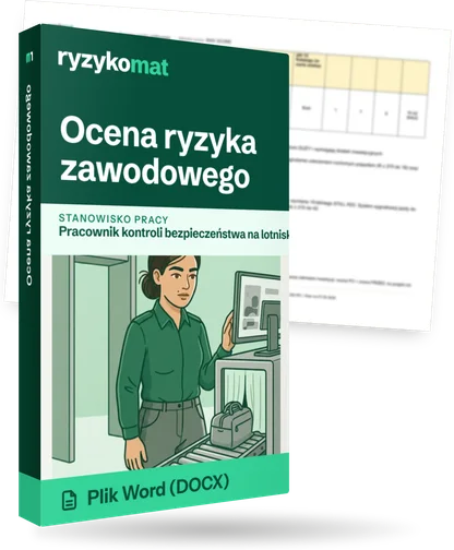 Pudełko dokumentu „Ocena ryzyka zawodowego” ze znakiem Ryzykomat i napisem „Plik Word (DOCX)” na froncie, ilustracja stanowiska „Pracownik kontroli bezpieczeństwa na lotnisku”; zza pudełka wystaje strona prawdziwego dokumentu z rozmytą treścią