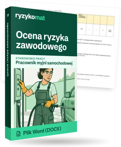 Pudełko dokumentu „Ocena ryzyka zawodowego” ze znakiem Ryzykomat i napisem „Plik Word (DOCX)” na froncie, ilustracja stanowiska „Pracownik myjni samochodowej”; zza pudełka wystaje strona prawdziwego dokumentu z rozmytą treścią