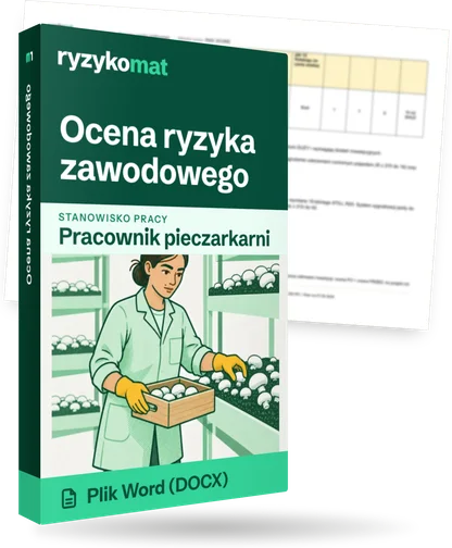 Pudełko dokumentu „Ocena ryzyka zawodowego” ze znakiem Ryzykomat i napisem „Plik Word (DOCX)” na froncie, ilustracja stanowiska „Pracownik pieczarkarni”; zza pudełka wystaje strona prawdziwego dokumentu z rozmytą treścią