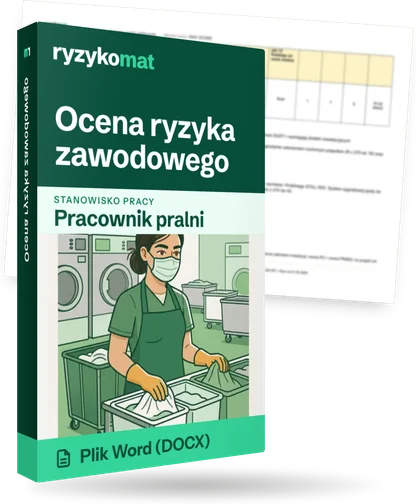 Pudełko dokumentu „Ocena ryzyka zawodowego” ze znakiem Ryzykomat i napisem „Plik Word (DOCX)” na froncie, ilustracja stanowiska „Pracownik pralni”; zza pudełka wystaje strona prawdziwego dokumentu z rozmytą treścią