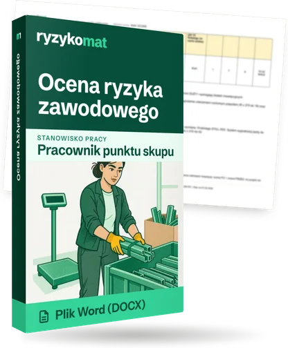 Pudełko dokumentu „Ocena ryzyka zawodowego” ze znakiem Ryzykomat i napisem „Plik Word (DOCX)” na froncie, ilustracja stanowiska „Pracownik punktu skupu”; zza pudełka wystaje strona prawdziwego dokumentu z rozmytą treścią