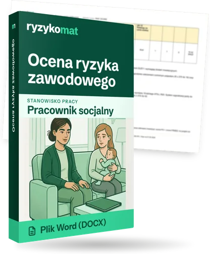 Pudełko dokumentu „Ocena ryzyka zawodowego” ze znakiem Ryzykomat i napisem „Plik Word (DOCX)” na froncie, ilustracja stanowiska „Pracownik socjalny”; zza pudełka wystaje strona prawdziwego dokumentu z rozmytą treścią