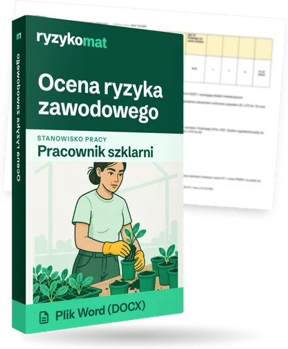 Pudełko dokumentu „Ocena ryzyka zawodowego” ze znakiem Ryzykomat i napisem „Plik Word (DOCX)” na froncie, ilustracja stanowiska „Pracownik szklarni”; zza pudełka wystaje strona prawdziwego dokumentu z rozmytą treścią