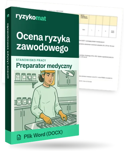 Pudełko dokumentu „Ocena ryzyka zawodowego” ze znakiem Ryzykomat i napisem „Plik Word (DOCX)” na froncie, ilustracja stanowiska „Preparator medyczny”; zza pudełka wystaje strona prawdziwego dokumentu z rozmytą treścią