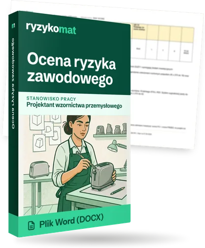 Pudełko dokumentu „Ocena ryzyka zawodowego” ze znakiem Ryzykomat i napisem „Plik Word (DOCX)” na froncie, ilustracja stanowiska „Projektant wzornictwa przemysłowego”; zza pudełka wystaje strona prawdziwego dokumentu z rozmytą treścią