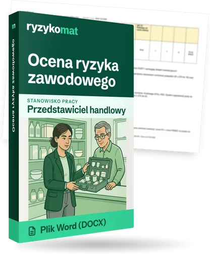 Pudełko dokumentu „Ocena ryzyka zawodowego” ze znakiem Ryzykomat i napisem „Plik Word (DOCX)” na froncie, ilustracja stanowiska „Przedstawiciel handlowy”; zza pudełka wystaje strona prawdziwego dokumentu z rozmytą treścią