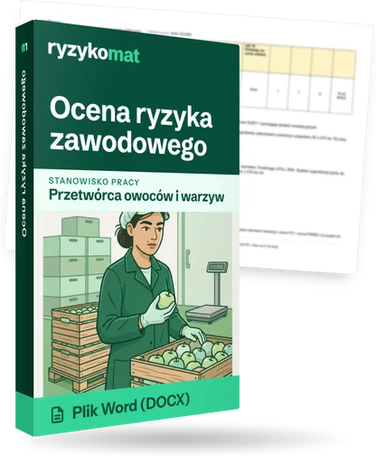 Pudełko dokumentu „Ocena ryzyka zawodowego” ze znakiem Ryzykomat i napisem „Plik Word (DOCX)” na froncie, ilustracja stanowiska „Przetwórca owoców i warzyw”; zza pudełka wystaje strona prawdziwego dokumentu z rozmytą treścią