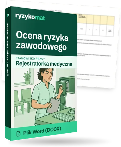Pudełko dokumentu „Ocena ryzyka zawodowego” ze znakiem Ryzykomat i napisem „Plik Word (DOCX)” na froncie, ilustracja stanowiska „Rejestratorka medyczna”; zza pudełka wystaje strona prawdziwego dokumentu z rozmytą treścią