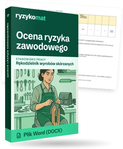 Pudełko dokumentu „Ocena ryzyka zawodowego” ze znakiem Ryzykomat i napisem „Plik Word (DOCX)” na froncie, ilustracja stanowiska „Rękodzielnik wyrobów skórzanych”; zza pudełka wystaje strona prawdziwego dokumentu z rozmytą treścią