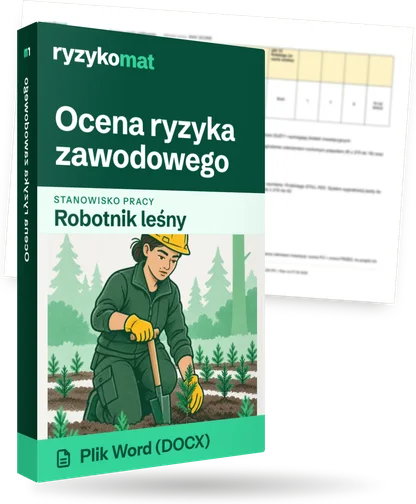Pudełko dokumentu „Ocena ryzyka zawodowego” ze znakiem Ryzykomat i napisem „Plik Word (DOCX)” na froncie, ilustracja stanowiska „Robotnik leśny”; zza pudełka wystaje strona prawdziwego dokumentu z rozmytą treścią