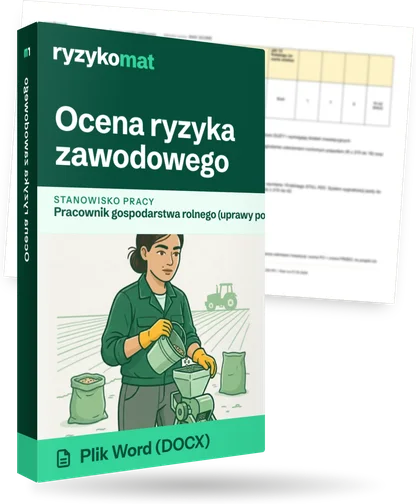Pudełko dokumentu „Ocena ryzyka zawodowego” ze znakiem Ryzykomat i napisem „Plik Word (DOCX)” na froncie, ilustracja stanowiska „Pracownik gospodarstwa rolnego (uprawy polowe)”; zza pudełka wystaje strona prawdziwego dokumentu z rozmytą treścią