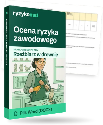 Pudełko dokumentu „Ocena ryzyka zawodowego” ze znakiem Ryzykomat i napisem „Plik Word (DOCX)” na froncie, ilustracja stanowiska „Rzeźbiarz w drewnie”; zza pudełka wystaje strona prawdziwego dokumentu z rozmytą treścią