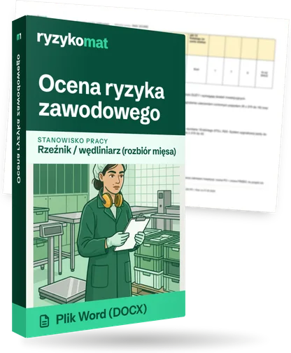 Pudełko dokumentu „Ocena ryzyka zawodowego” ze znakiem Ryzykomat i napisem „Plik Word (DOCX)” na froncie, ilustracja stanowiska „Rzeźnik / wędliniarz (rozbiór mięsa)”; zza pudełka wystaje strona prawdziwego dokumentu z rozmytą treścią