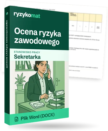 Pudełko dokumentu „Ocena ryzyka zawodowego” ze znakiem Ryzykomat i napisem „Plik Word (DOCX)” na froncie, ilustracja stanowiska „Sekretarka”; zza pudełka wystaje strona prawdziwego dokumentu z rozmytą treścią