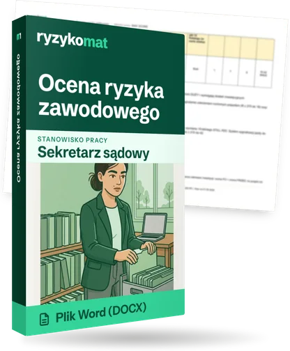 Pudełko dokumentu „Ocena ryzyka zawodowego” ze znakiem Ryzykomat i napisem „Plik Word (DOCX)” na froncie, ilustracja stanowiska „Sekretarz sądowy”; zza pudełka wystaje strona prawdziwego dokumentu z rozmytą treścią