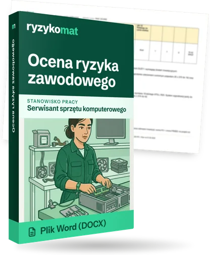 Pudełko dokumentu „Ocena ryzyka zawodowego” ze znakiem Ryzykomat i napisem „Plik Word (DOCX)” na froncie, ilustracja stanowiska „Serwisant sprzętu komputerowego”; zza pudełka wystaje strona prawdziwego dokumentu z rozmytą treścią