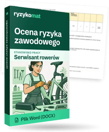 Pudełko dokumentu „Ocena ryzyka zawodowego” ze znakiem Ryzykomat i napisem „Plik Word (DOCX)” na froncie, ilustracja stanowiska „Serwisant rowerów”; zza pudełka wystaje strona prawdziwego dokumentu z rozmytą treścią