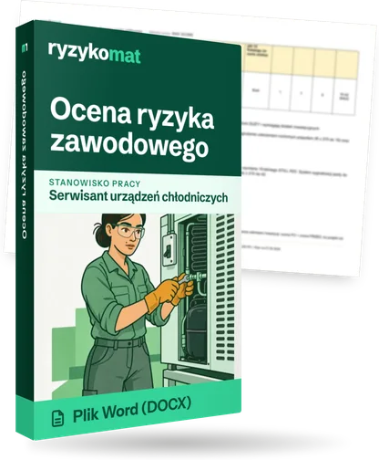 Pudełko dokumentu „Ocena ryzyka zawodowego” ze znakiem Ryzykomat i napisem „Plik Word (DOCX)” na froncie, ilustracja stanowiska „Serwisant urządzeń chłodniczych”; zza pudełka wystaje strona prawdziwego dokumentu z rozmytą treścią