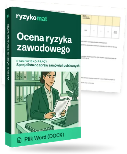 Pudełko dokumentu „Ocena ryzyka zawodowego” ze znakiem Ryzykomat i napisem „Plik Word (DOCX)” na froncie, ilustracja stanowiska „Specjalista do spraw zamówień publicznych”; zza pudełka wystaje strona prawdziwego dokumentu z rozmytą treścią