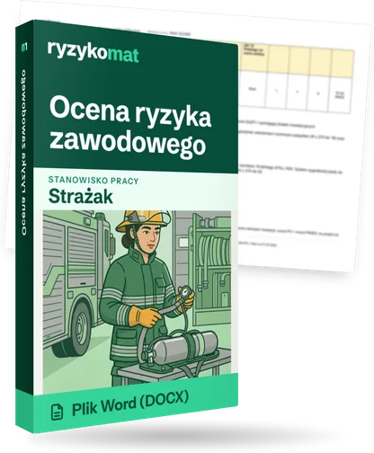 Pudełko dokumentu „Ocena ryzyka zawodowego” ze znakiem Ryzykomat i napisem „Plik Word (DOCX)” na froncie, ilustracja stanowiska „Strażak”; zza pudełka wystaje strona prawdziwego dokumentu z rozmytą treścią