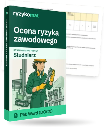 Pudełko dokumentu „Ocena ryzyka zawodowego” ze znakiem Ryzykomat i napisem „Plik Word (DOCX)” na froncie, ilustracja stanowiska „Studniarz”; zza pudełka wystaje strona prawdziwego dokumentu z rozmytą treścią