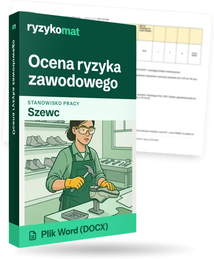 Pudełko dokumentu „Ocena ryzyka zawodowego” ze znakiem Ryzykomat i napisem „Plik Word (DOCX)” na froncie, ilustracja stanowiska „Szewc”; zza pudełka wystaje strona prawdziwego dokumentu z rozmytą treścią