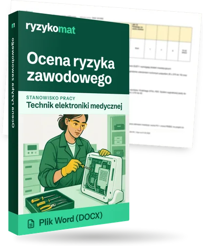 Pudełko dokumentu „Ocena ryzyka zawodowego” ze znakiem Ryzykomat i napisem „Plik Word (DOCX)” na froncie, ilustracja stanowiska „Technik elektroniki medycznej”; zza pudełka wystaje strona prawdziwego dokumentu z rozmytą treścią