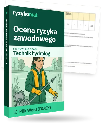 Pudełko dokumentu „Ocena ryzyka zawodowego” ze znakiem Ryzykomat i napisem „Plik Word (DOCX)” na froncie, ilustracja stanowiska „Technik hydrolog”; zza pudełka wystaje strona prawdziwego dokumentu z rozmytą treścią