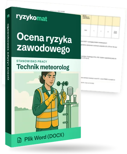 Pudełko dokumentu „Ocena ryzyka zawodowego” ze znakiem Ryzykomat i napisem „Plik Word (DOCX)” na froncie, ilustracja stanowiska „Technik meteorolog”; zza pudełka wystaje strona prawdziwego dokumentu z rozmytą treścią