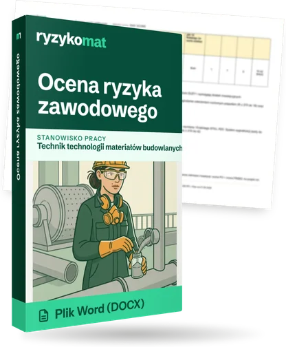 Pudełko dokumentu „Ocena ryzyka zawodowego” ze znakiem Ryzykomat i napisem „Plik Word (DOCX)” na froncie, ilustracja stanowiska „Technik technologii materiałów budowlanych”; zza pudełka wystaje strona prawdziwego dokumentu z rozmytą treścią