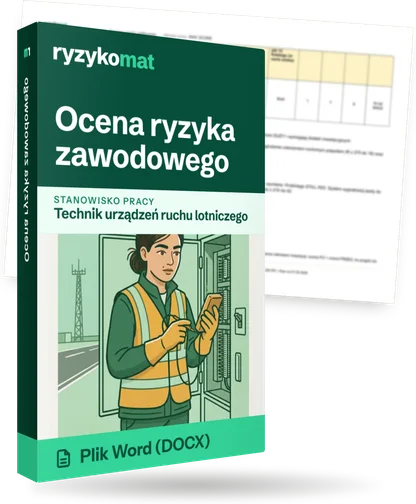 Pudełko dokumentu „Ocena ryzyka zawodowego” ze znakiem Ryzykomat i napisem „Plik Word (DOCX)” na froncie, ilustracja stanowiska „Technik urządzeń ruchu lotniczego”; zza pudełka wystaje strona prawdziwego dokumentu z rozmytą treścią