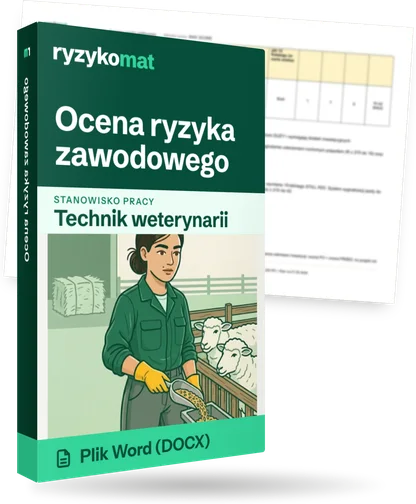 Pudełko dokumentu „Ocena ryzyka zawodowego” ze znakiem Ryzykomat i napisem „Plik Word (DOCX)” na froncie, ilustracja stanowiska „Technik weterynarii”; zza pudełka wystaje strona prawdziwego dokumentu z rozmytą treścią