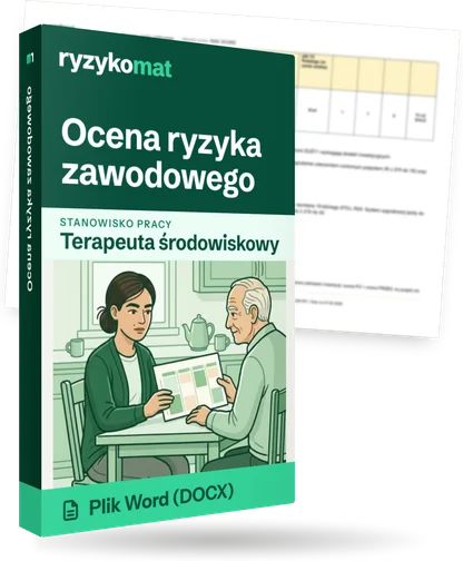 Pudełko dokumentu „Ocena ryzyka zawodowego” ze znakiem Ryzykomat i napisem „Plik Word (DOCX)” na froncie, ilustracja stanowiska „Terapeuta środowiskowy”; zza pudełka wystaje strona prawdziwego dokumentu z rozmytą treścią