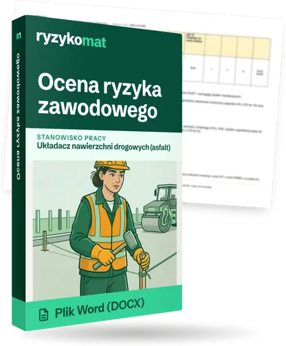 Pudełko dokumentu „Ocena ryzyka zawodowego” ze znakiem Ryzykomat i napisem „Plik Word (DOCX)” na froncie, ilustracja stanowiska „Układacz nawierzchni drogowych (asfalt)”; zza pudełka wystaje strona prawdziwego dokumentu z rozmytą treścią