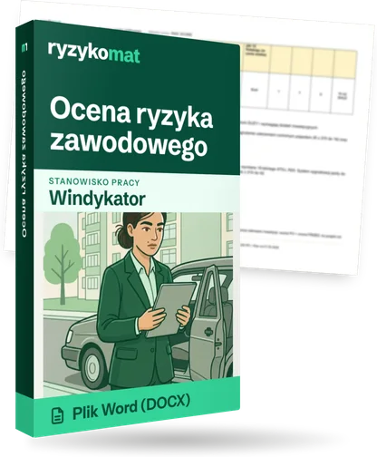 Pudełko dokumentu „Ocena ryzyka zawodowego” ze znakiem Ryzykomat i napisem „Plik Word (DOCX)” na froncie, ilustracja stanowiska „Windykator”; zza pudełka wystaje strona prawdziwego dokumentu z rozmytą treścią