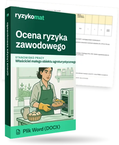 Pudełko dokumentu „Ocena ryzyka zawodowego” ze znakiem Ryzykomat i napisem „Plik Word (DOCX)” na froncie, ilustracja stanowiska „Właściciel małego obiektu agroturystycznego / hotelarskiego / gastronomicznego”; zza pudełka wystaje strona prawdziwego dokumentu z rozmytą treścią