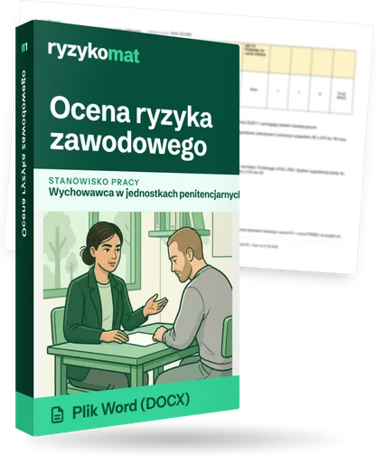 Pudełko dokumentu „Ocena ryzyka zawodowego” ze znakiem Ryzykomat i napisem „Plik Word (DOCX)” na froncie, ilustracja stanowiska „Wychowawca w jednostkach penitencjarnych”; zza pudełka wystaje strona prawdziwego dokumentu z rozmytą treścią