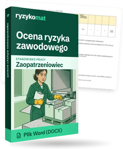 Pudełko dokumentu „Ocena ryzyka zawodowego” ze znakiem Ryzykomat i napisem „Plik Word (DOCX)” na froncie, ilustracja stanowiska „Zaopatrzeniowiec”; zza pudełka wystaje strona prawdziwego dokumentu z rozmytą treścią