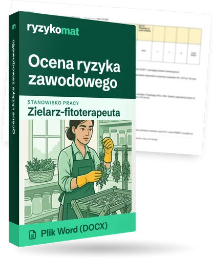 Pudełko dokumentu „Ocena ryzyka zawodowego” ze znakiem Ryzykomat i napisem „Plik Word (DOCX)” na froncie, ilustracja stanowiska „Zielarz-fitoterapeuta”; zza pudełka wystaje strona prawdziwego dokumentu z rozmytą treścią