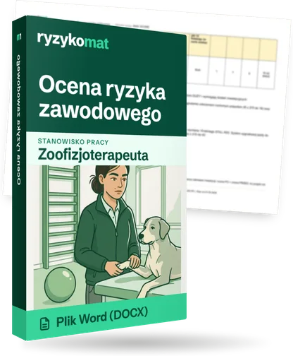Pudełko dokumentu „Ocena ryzyka zawodowego” ze znakiem Ryzykomat i napisem „Plik Word (DOCX)” na froncie, ilustracja stanowiska „Zoofizjoterapeuta”; zza pudełka wystaje strona prawdziwego dokumentu z rozmytą treścią